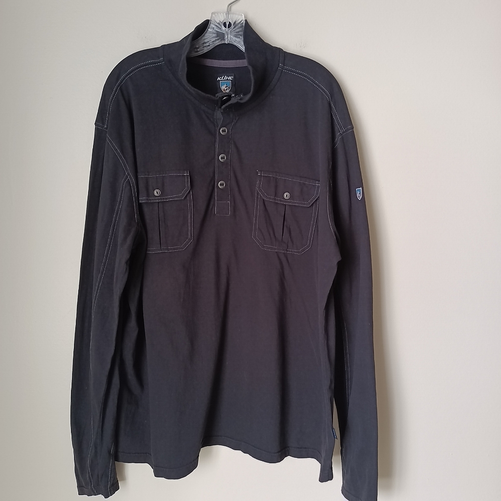KUHL  Organic Cotton Mock Neck Shirt Metal Buttons in Black Size XXL